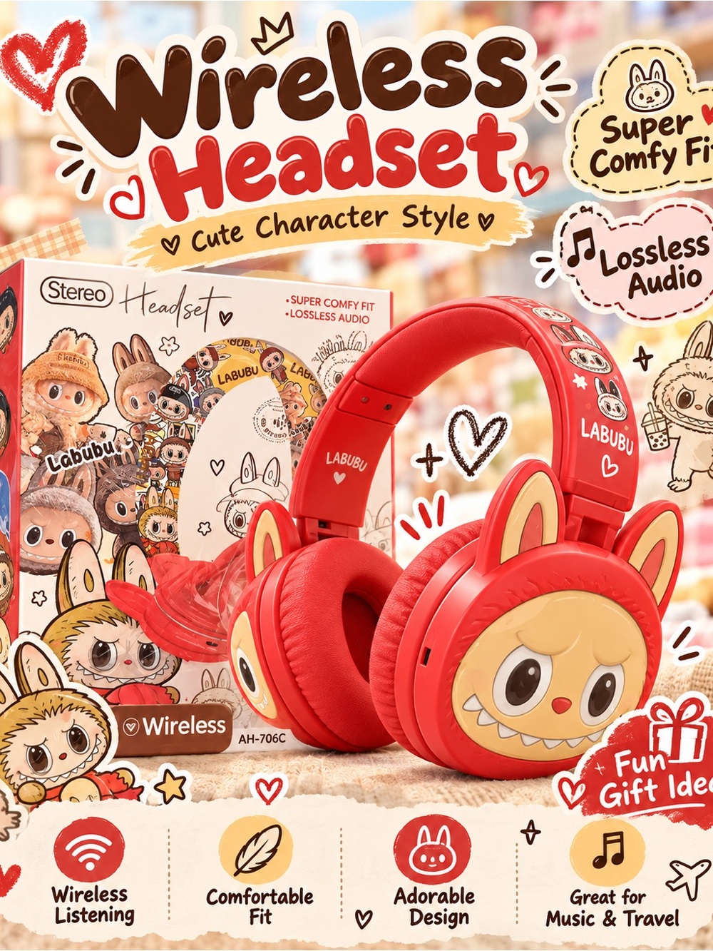 Wireless Headset - Red Cute Character Kids Headphones